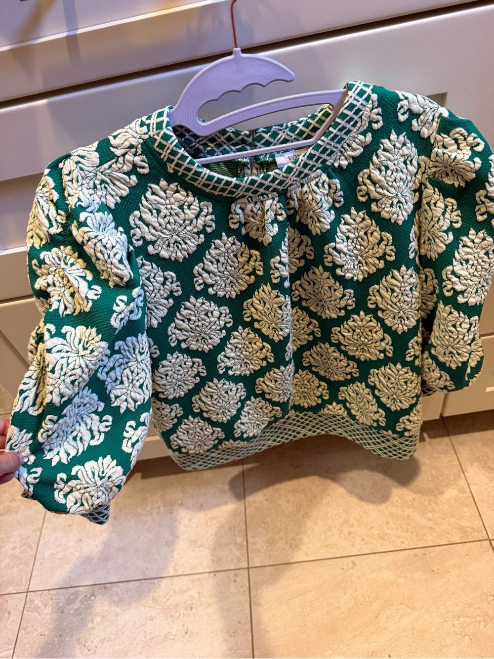 Women's Green and Cream Floral Jacquard Puff-Sleeve Top